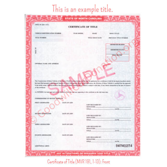 This is a Sample of NC-Certificate-of-Title-MVR-191-1-13-Front | Goodwill Car Donations