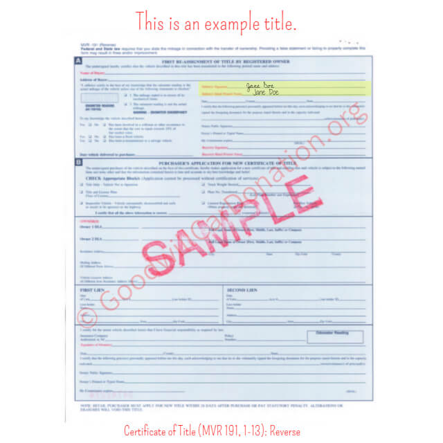 This is a Sample of NC-Certificate-of-Title-MVR-191-1-13-Reverse | Goodwill Car Donations