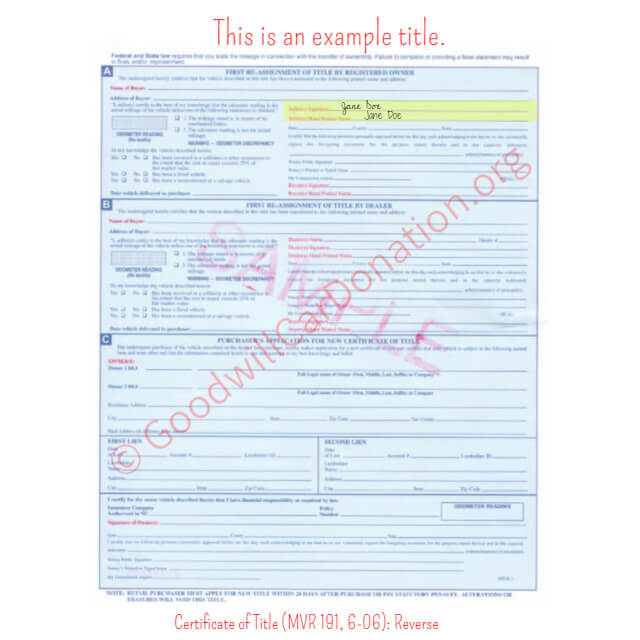 This is a Sample of NC-Certificate-of-Title-MVR-191-6-06-Reverse | Goodwill Car Donations