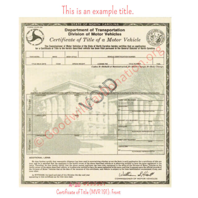 This is a Sample of NC-Certificate-of-Title-MVR-191-Front | Goodwill Car Donations