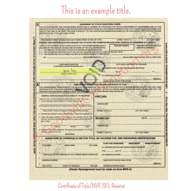 This is a Sample of NC-Certificate-of-Title-MVR-191-Reverse | Goodwill Car Donations