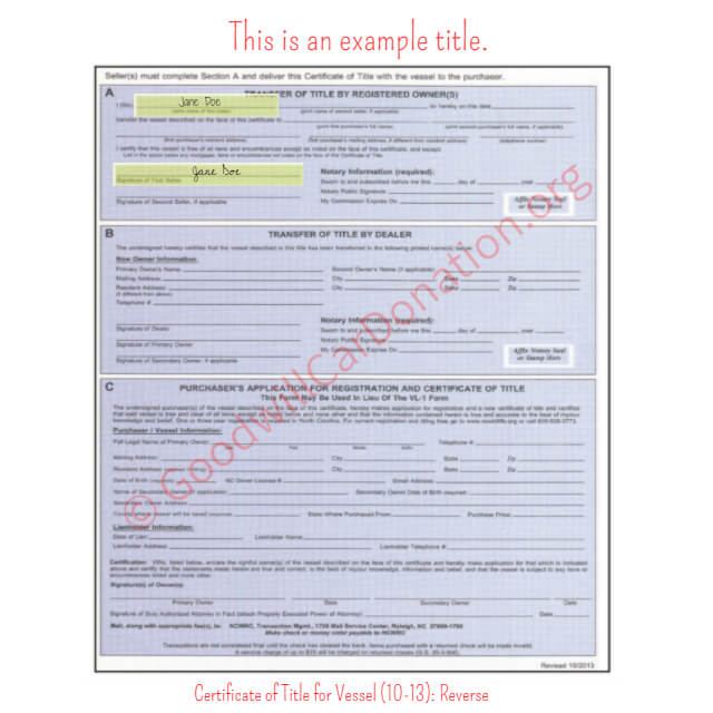 This is a Sample of NC-Certificate-of-Title-for-Vessel-10-13-Reverse | Goodwill Car Donations