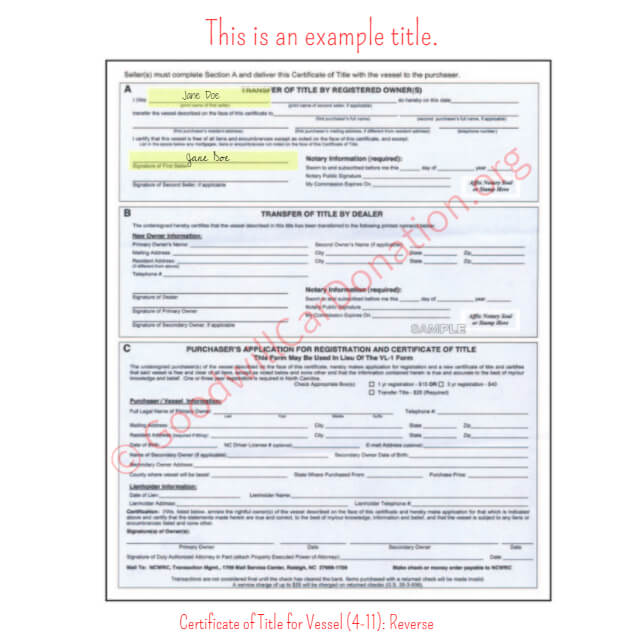This is a Sample of NC-Certificate-of-Title-for-Vessel-4-11-Reverse | Goodwill Car Donations