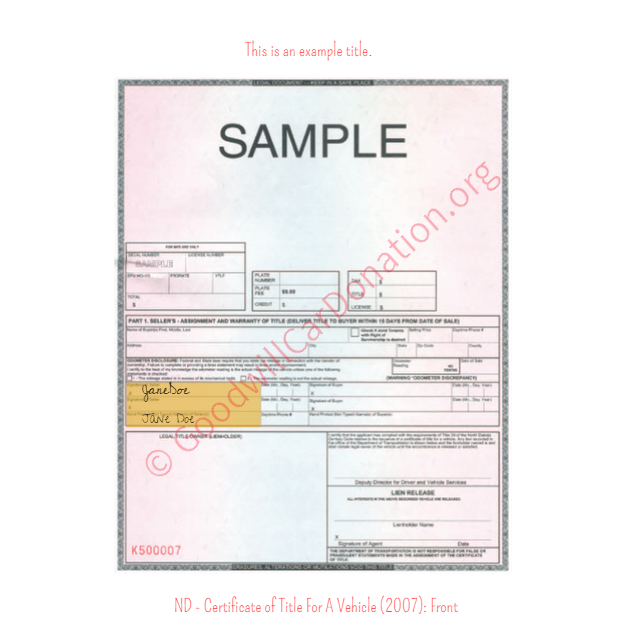 This is a Sample of ND-Certificate-of-Title-For-A-Vehicle-2007-Front | Goodwill Car Donations