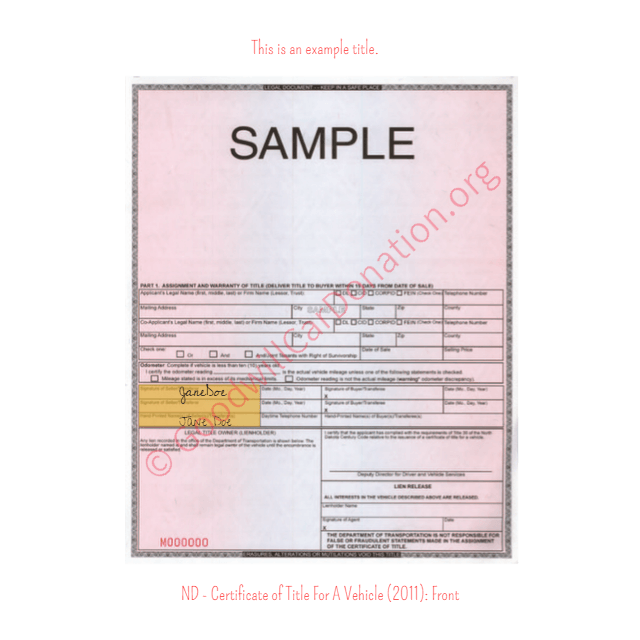 This is a Sample of ND-Certificate-of-Title-For-A-Vehicle-2011-Front | Goodwill Car Donations