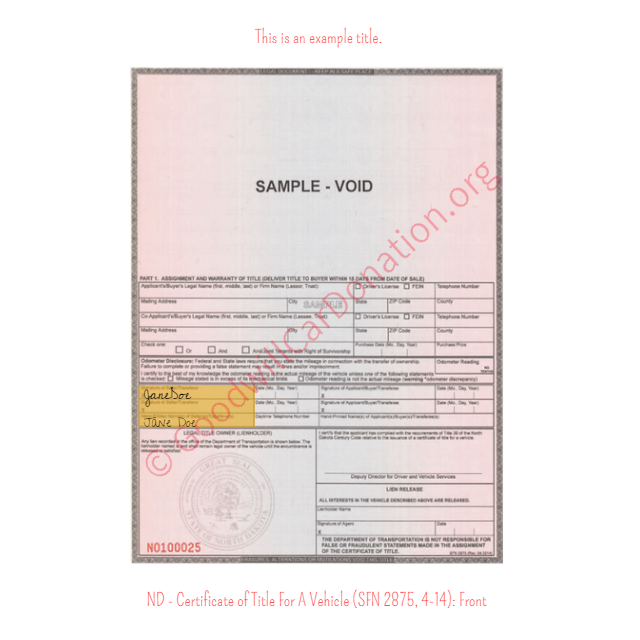This is a Sample of ND-Certificate-of-Title-For-A-Vehicle-SFN-2875-4-14-Front | Goodwill Car Donations