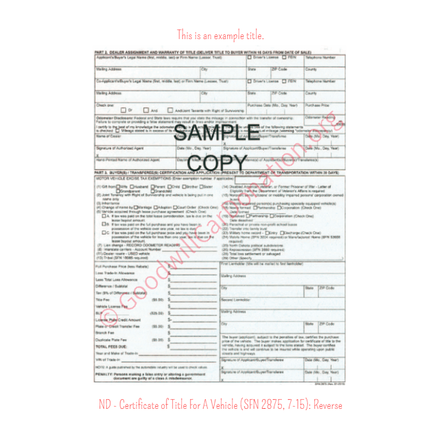 This is a Sample of ND-Certificate-of-Title-For-A-Vehicle-SFN-2875-7-15-Reverse | Goodwill Car Donations