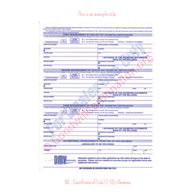 This is a Sample of NE-Certificate-of-Title-7-13-Reverse | Goodwill Car Donations