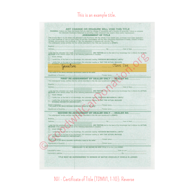 This is a Sample of NH-Certificate-of-Title-TDMV1-1-10-Reverse | Goodwill Car Donations