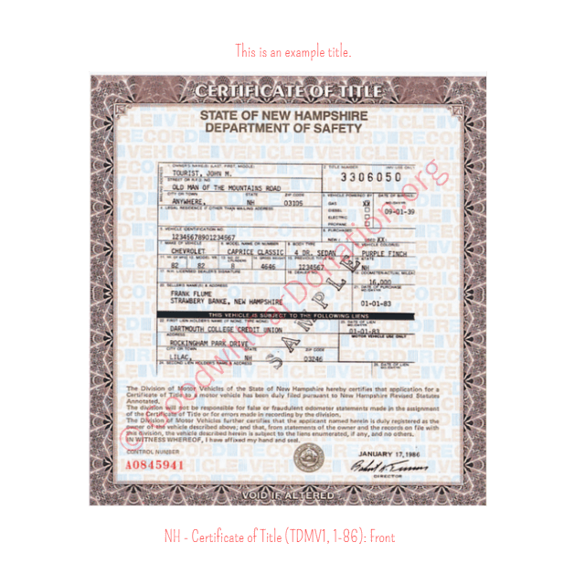 This is a Sample of NH-Certificate-of-Title-TDMV1-1-86-Front | Goodwill Car Donations