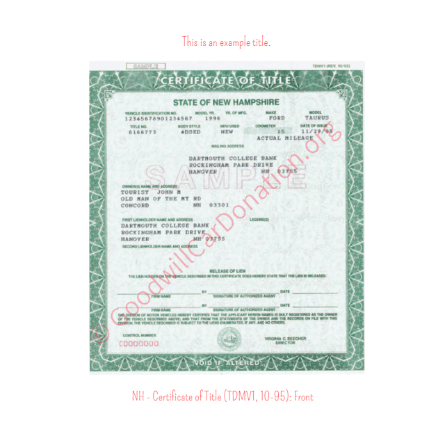 This is a Sample of NH-Certificate-of-Title-TDMV1-10-95-Front | Goodwill Car Donations