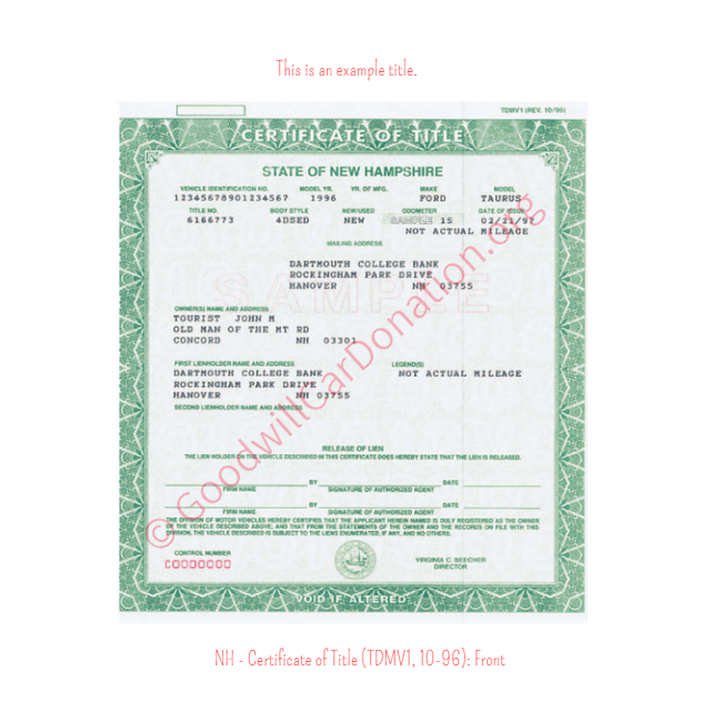 This is a Sample of NH-Certificate-of-Title-TDMV1-10-96-Front | Goodwill Car Donations