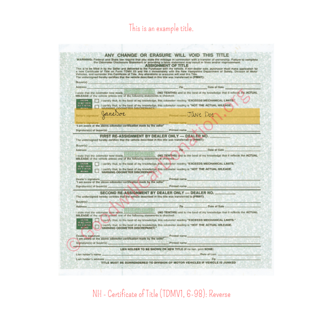 This is a Sample of NH-Certificate-of-Title-TDMV1-6-98-Reverse | Goodwill Car Donations