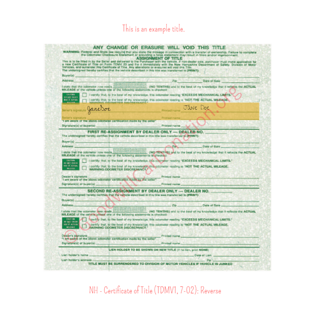 This is a Sample of NH-Certificate-of-Title-TDMV1-7-02-Reverse | Goodwill Car Donations
