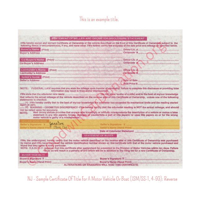 This is a Sample of NJ-Sample-Certificate-Of-Title-For-A-Motor-Vehicle-Or-Boat-ISM-SS-1-4-93-reverse | Goodwill Car Donations