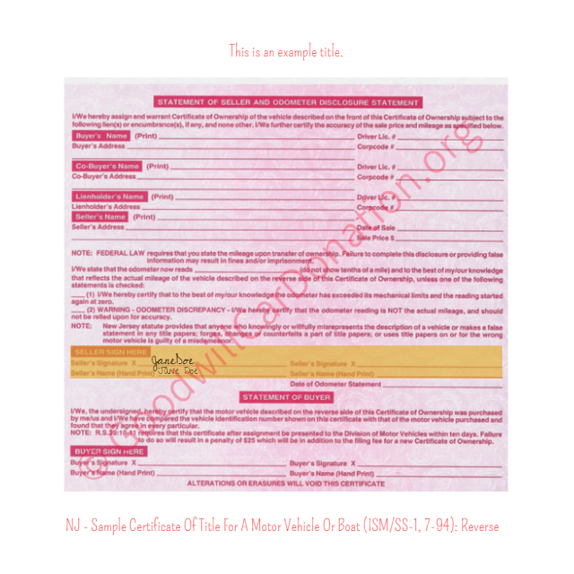 This is a Sample of NJ-Sample-Certificate-Of-Title-For-A-Motor-Vehicle-Or-Boat-ISM-SS-1-7-94-Reverse | Goodwill Car Donations