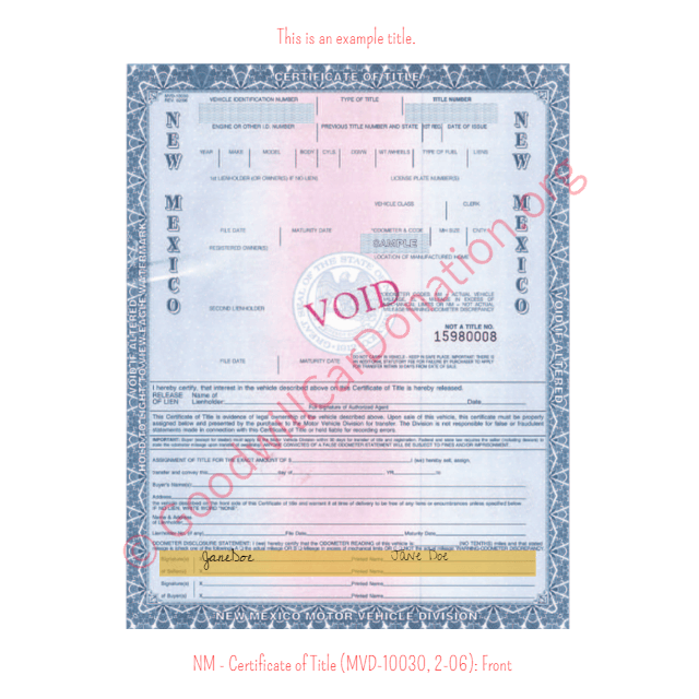 This is a Sample of NM-Certificate-of-Title-MVD-10030-2-06-Front | Goodwill Car Donations