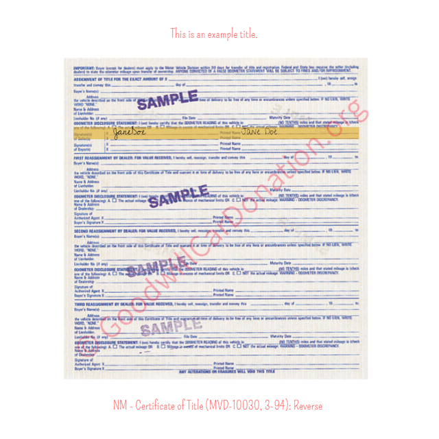 This is a Sample of NM-Certificate-of-Title-MVD-10030-3-94-Reverse | Goodwill Car Donations