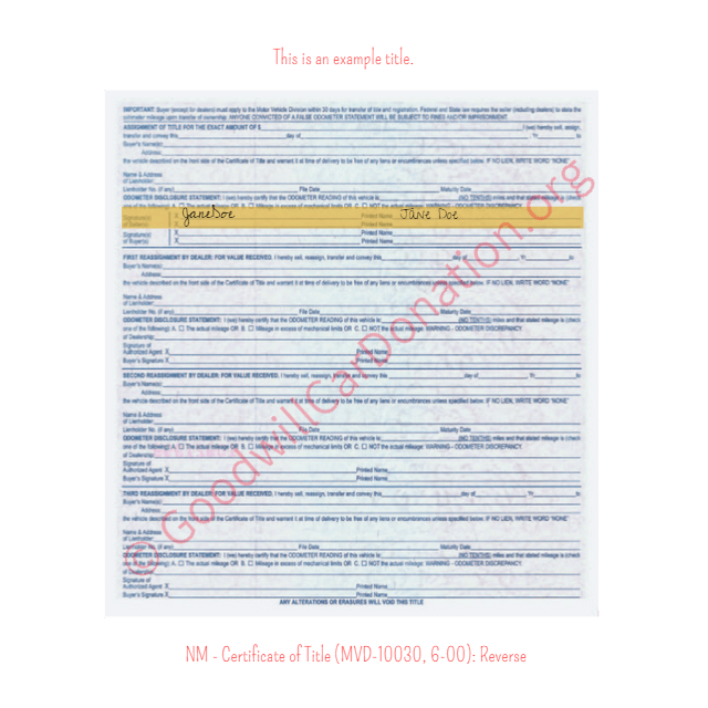 This is a Sample of NM-Certificate-of-Title-MVD-10030-6-00-Reverse | Goodwill Car Donations