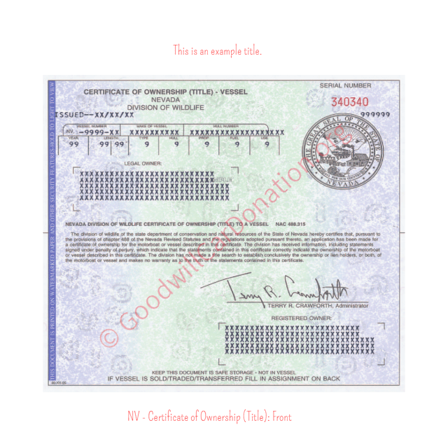 This is a Sample of NV-Certificate-of-Ownership-Title-Front | Goodwill Car Donations