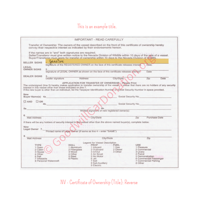 This is a Sample of NV-Certificate-of-Ownership-Title-Reverse | Goodwill Car Donations