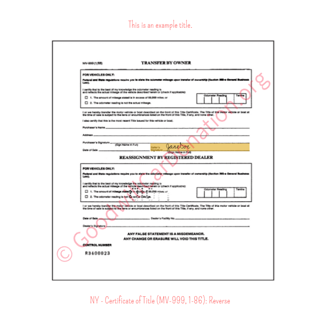This is a Sample of NY-Certificate-of-Title-MV-999-1-86-Reverse | Goodwill Car Donations