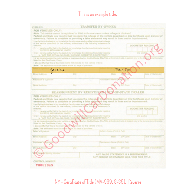 This is a Sample of NY-Certificate-of-Title-MV-999-8-89-Reverse | Goodwill Car Donations