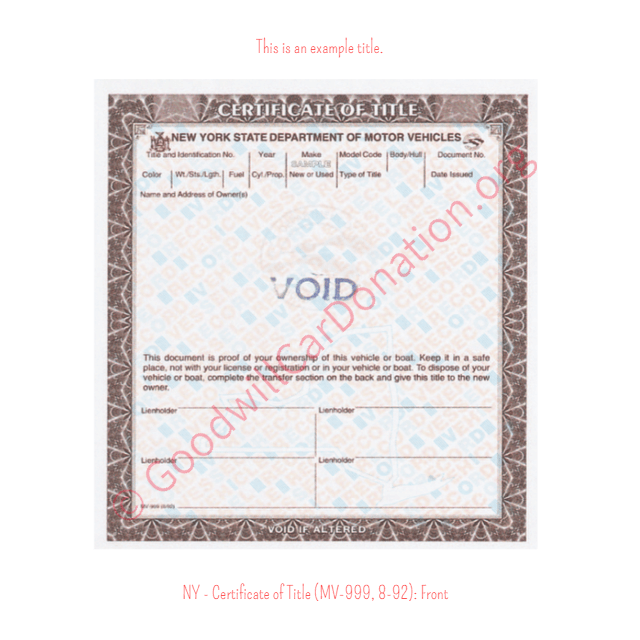 This is a Sample of NY-Certificate-of-Title-MV-999-8-92-Front | Goodwill Car Donations