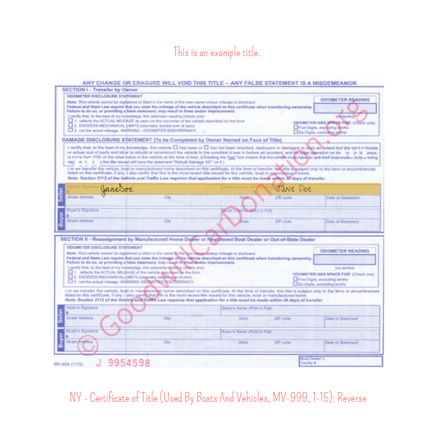 This is a Sample of NY-Certificate-of-Title-Used-BY-Boats-And-Vehicles-MV-999-1-15-Reverse | Goodwill Car Donations