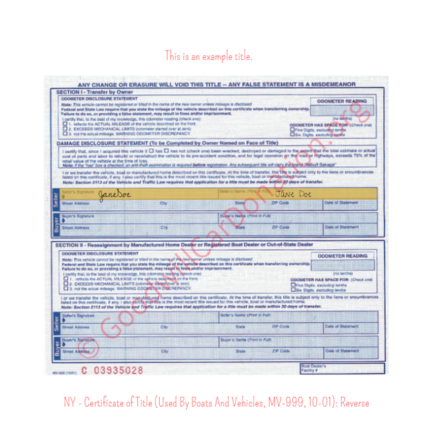 This is a Sample of NY-Certificate-of-Title-Used-BY-Boats-And-Vehicles-MV-999-10-01-Reverse-2 | Goodwill Car Donations