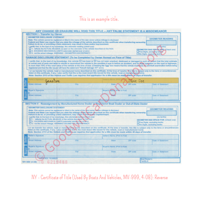 This is a Sample of NY-Certificate-of-Title-Used-BY-Boats-And-Vehicles-MV-999-4-08-Reverse | Goodwill Car Donations