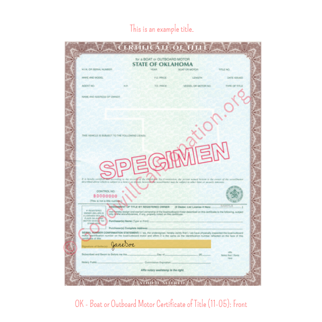 This is a Sample of OK-Boat-or-Outboard-Motor-Certificate-of-Title-11-05-Front | Goodwill Car Donations