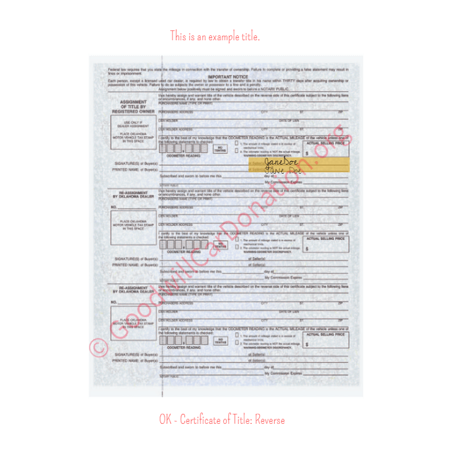 This is a Sample of OK-Certificate-of-Title-copy-1-Reverse | Goodwill Car Donations