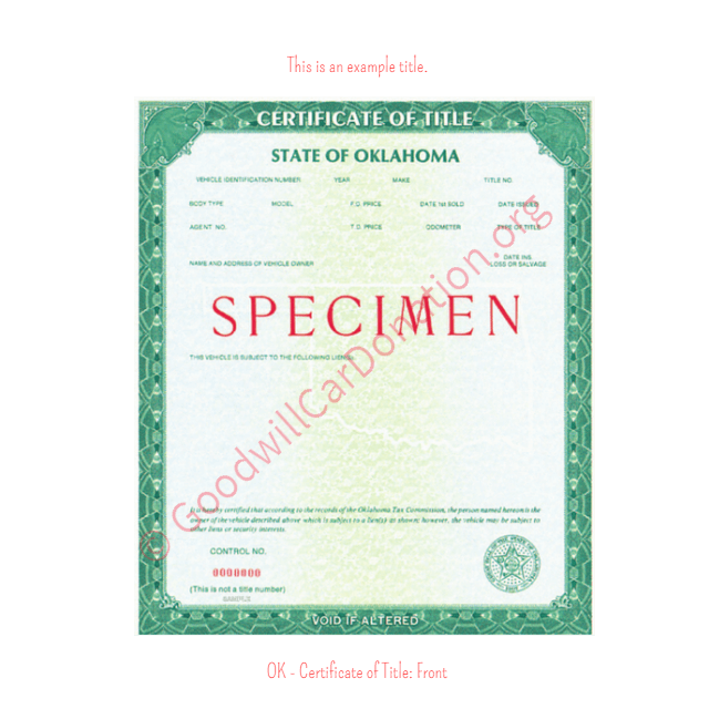 This is a Sample of OK-Certificate-of-Title-copy-3-Front | Goodwill Car Donations