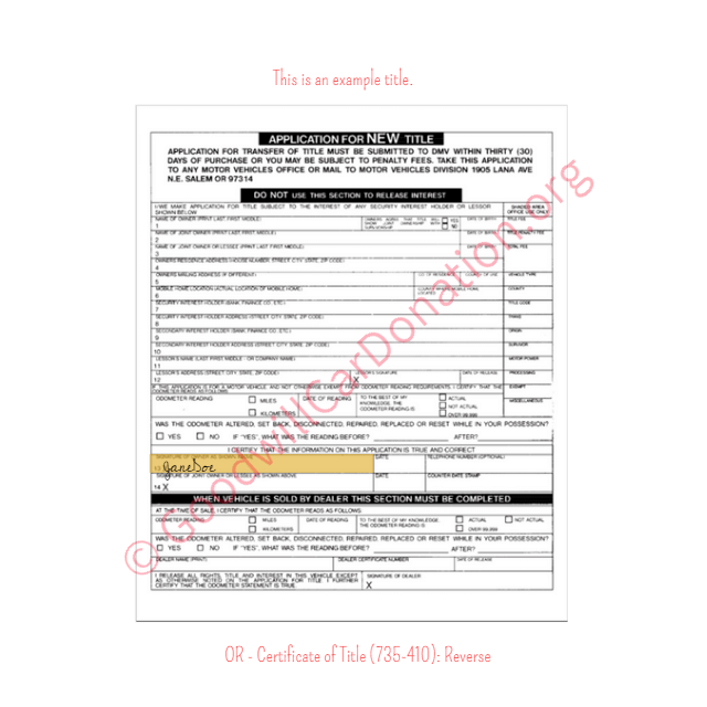 This is a Sample of OR-Certificate-of-Title-735-410-Reverse-1 | Goodwill Car Donations