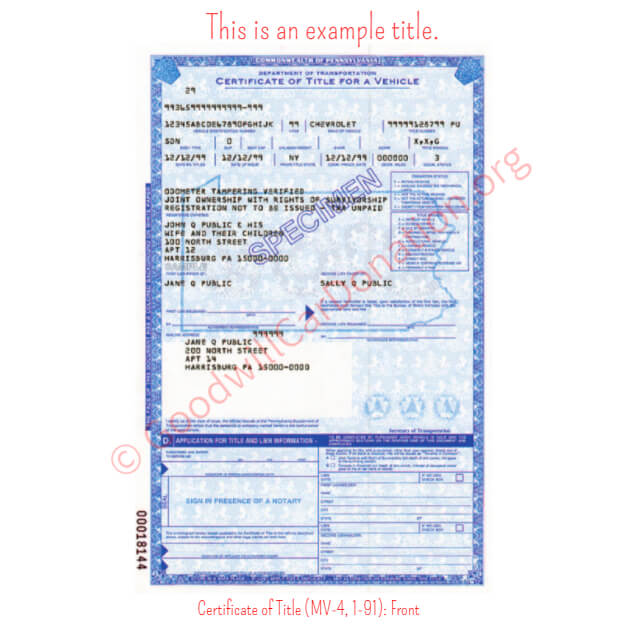 This is a Sample of PA-Certificate-of-Title-MV-4-1-91-Front | Goodwill Car Donations