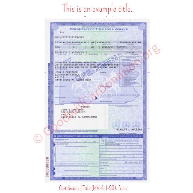 This is a Sample of PA-Certificate-of-Title-MV-4-1-98-Front | Goodwill Car Donations