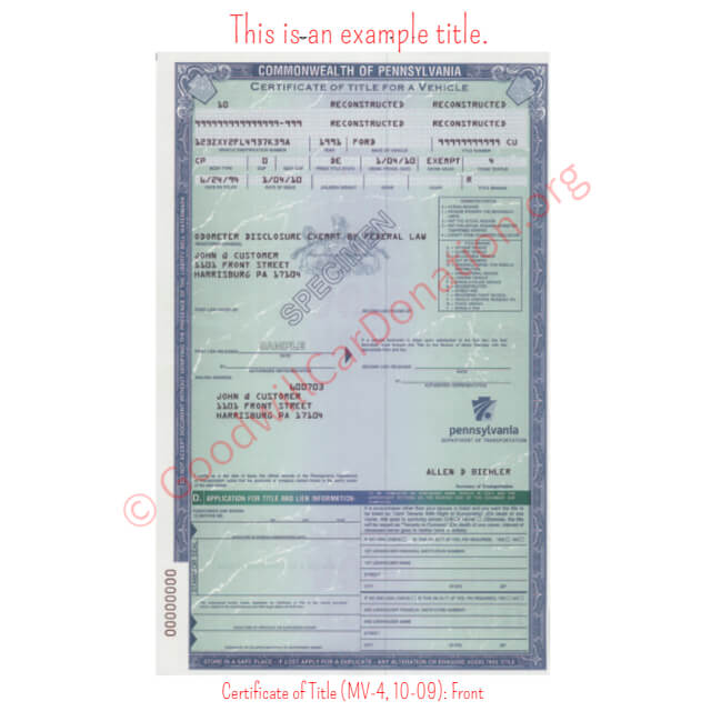 This is a Sample of PA-Certificate-of-Title-MV-4-10-09-Front | Goodwill Car Donations