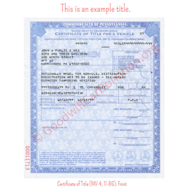 This is a Sample of PA-Certificate-of-Title-MV-4-11-86-Front | Goodwill Car Donations