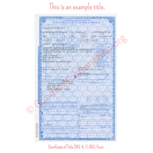 This is a Sample of PA-Certificate-of-Title-MV-4-11-89-Front | Goodwill Car Donations