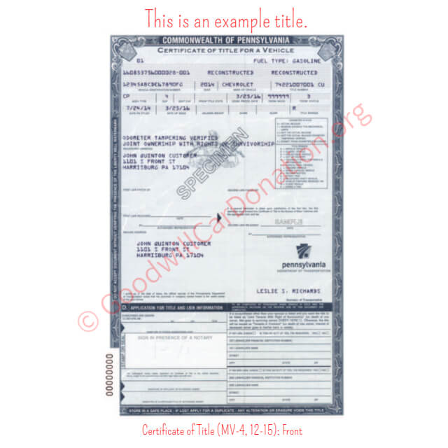 This is a Sample of PA-Certificate-of-Title-MV-4-12-15-Front | Goodwill Car Donations
