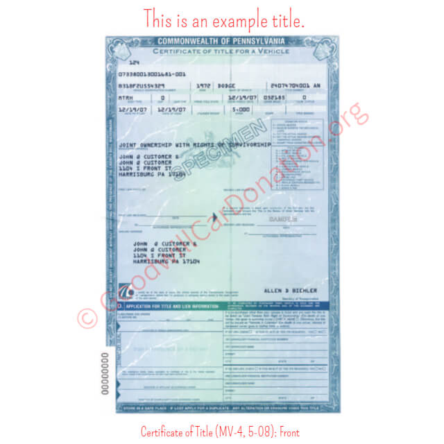 This is a Sample of PA-Certificate-of-Title-MV-4-5-08-Front | Goodwill Car Donations