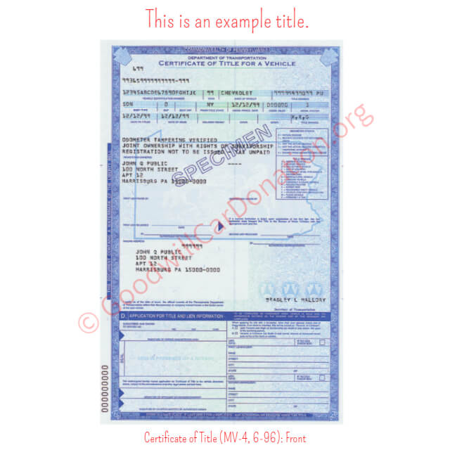 This is a Sample of PA-Certificate-of-Title-MV-4-6-96-Front | Goodwill Car Donations