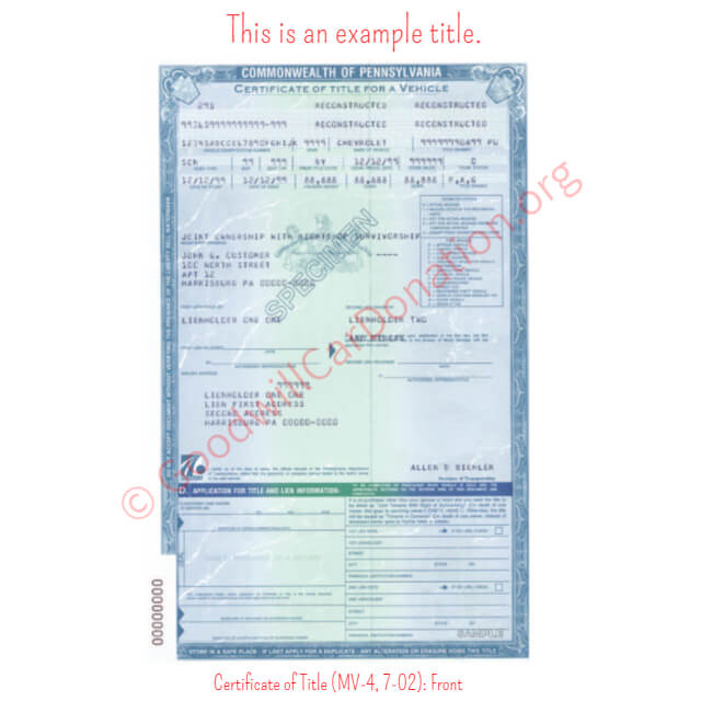 This is a Sample of PA-Certificate-of-Title-MV-4-7-02-Front | Goodwill Car Donations