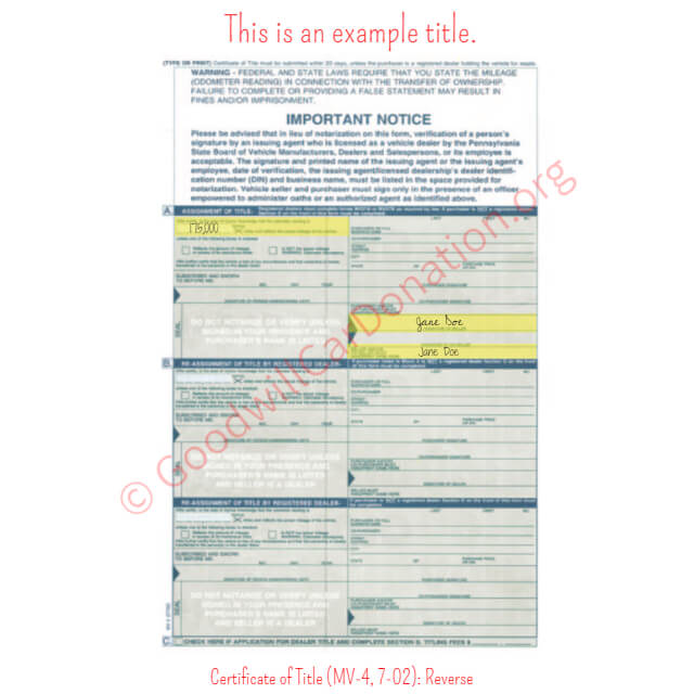 This is a Sample of PA-Certificate-of-Title-MV-4-7-02-Reverse | Goodwill Car Donations