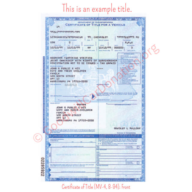 This is a Sample of PA-Certificate-of-Title-MV-4-8-94-Front | Goodwill Car Donations