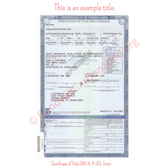 This is a Sample of PA-Certificate-of-Title-MV-4-9-01-Front | Goodwill Car Donations