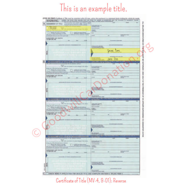 This is a Sample of PA-Certificate-of-Title-MV-4-9-01-Reverse | Goodwill Car Donations