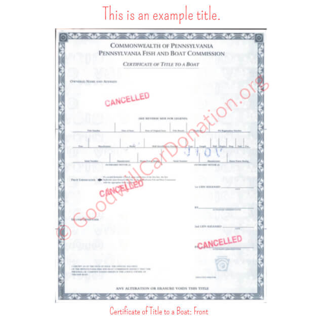 This is a Sample of PA-Certificate-of-Title-to-a-Boat-Front | Goodwill Car Donations