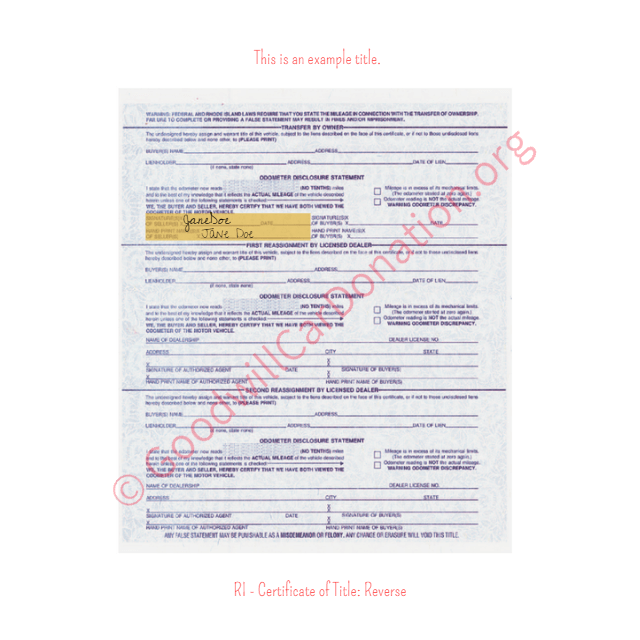This is a Sample of RI-Certificate-of-Title-copy-1-Reverse | Goodwill Car Donations